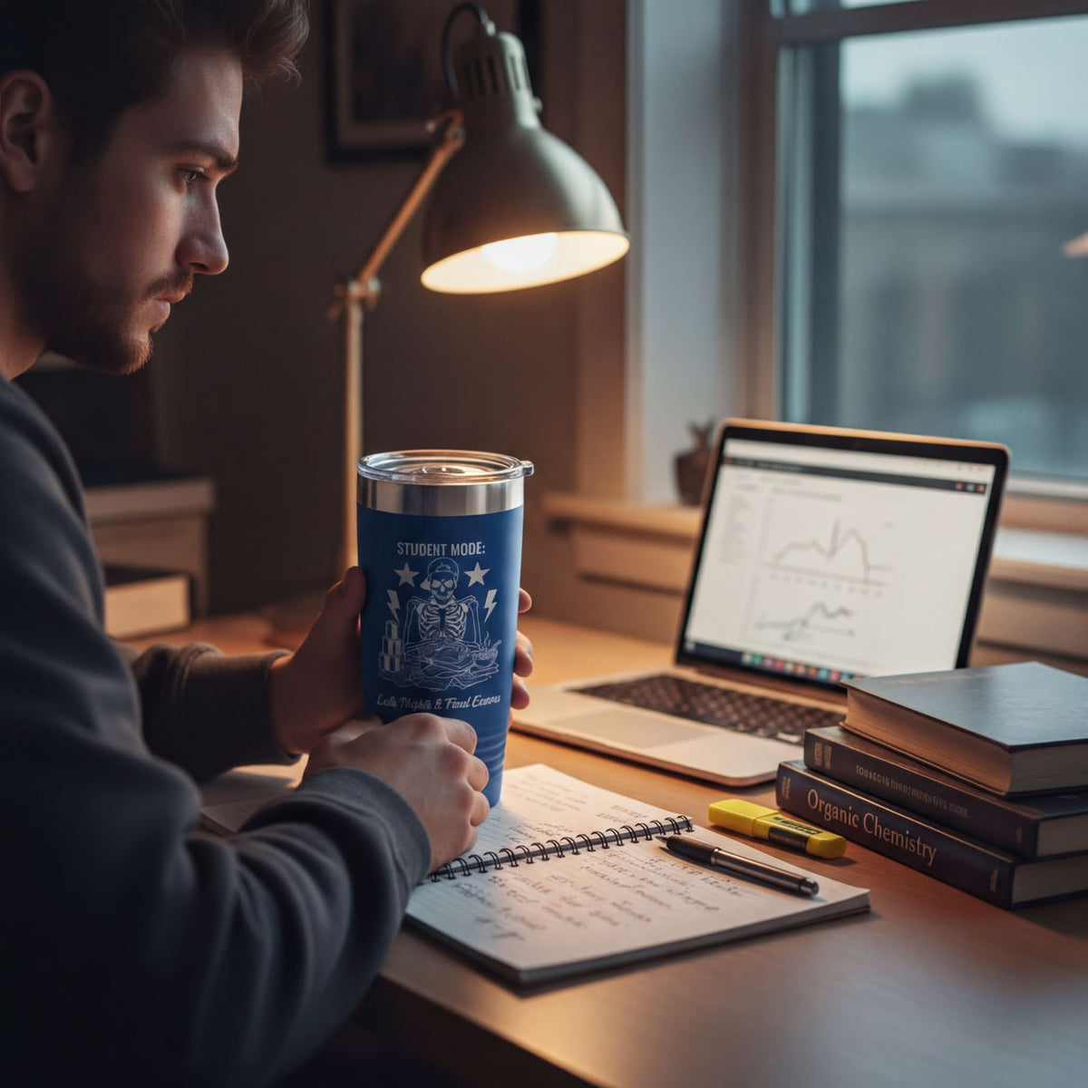 A man is sitting at a desk, holding a blue thermos, with a laptop, books, and a notebook in front of him.