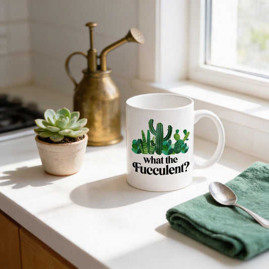 a white mug with a graphic of cacti and the text "what the Fuzzy?" placed on a kitchen counter, accompanied by a potted succulent plant and a watering can.