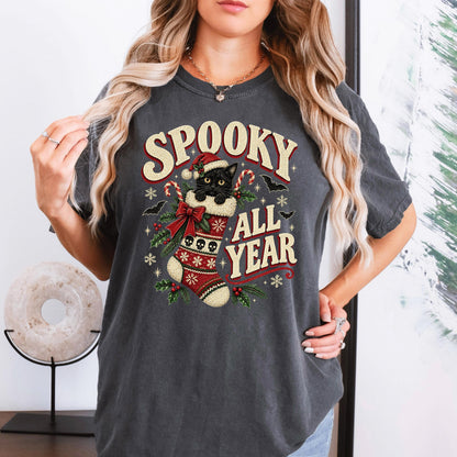 Spooky All Year Shirt, Black Cat Christmas Tee, Goth Christmas Shirt, Creepmas Spooky Christmas Cat Gift, Witchy Christmas Cat Lover Top