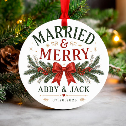 Married and Merry Ornament, Personalized First Christmas Married Keepsake, Newlywed Couples Ornament with Names & Date, Wedding Gift 2026