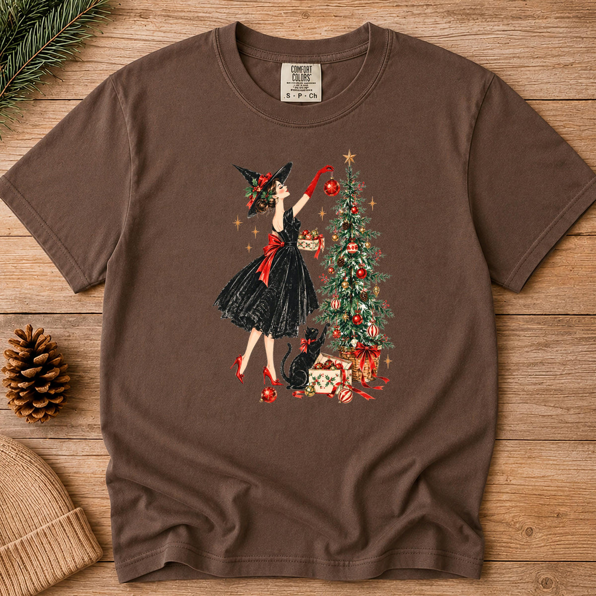 Vintage Christmas Witch Shirt, Elegant Witchy Christmas Tee for Her, Witch Decorating Tree with Black Cat, Retro Cottagecore Xmas Gift