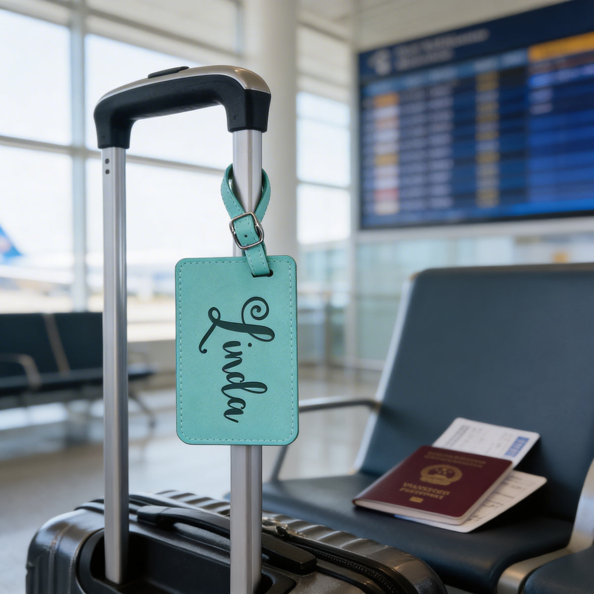 A turquoise luggage tag with the name "Linda" written on it is attached to a metal handle of a rolling suitcase, which is placed on a chair in an airport terminal. There is also a passport and boarding pass visible on the chair.