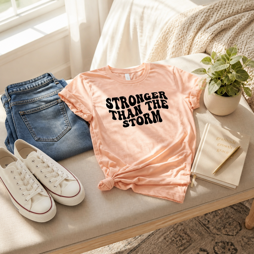 a casual outfit consisting of a peach t-shirt with the text "STRONGER THAN THE STORM", a pair of blue jeans, white sneakers, and a potted plant.