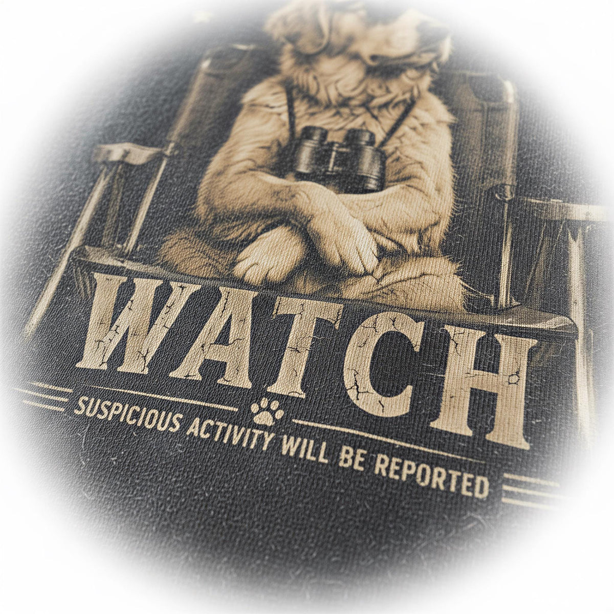 A close-up of a dog wearing binoculars and sitting in a chair, with the word "WATCH" prominently displayed.