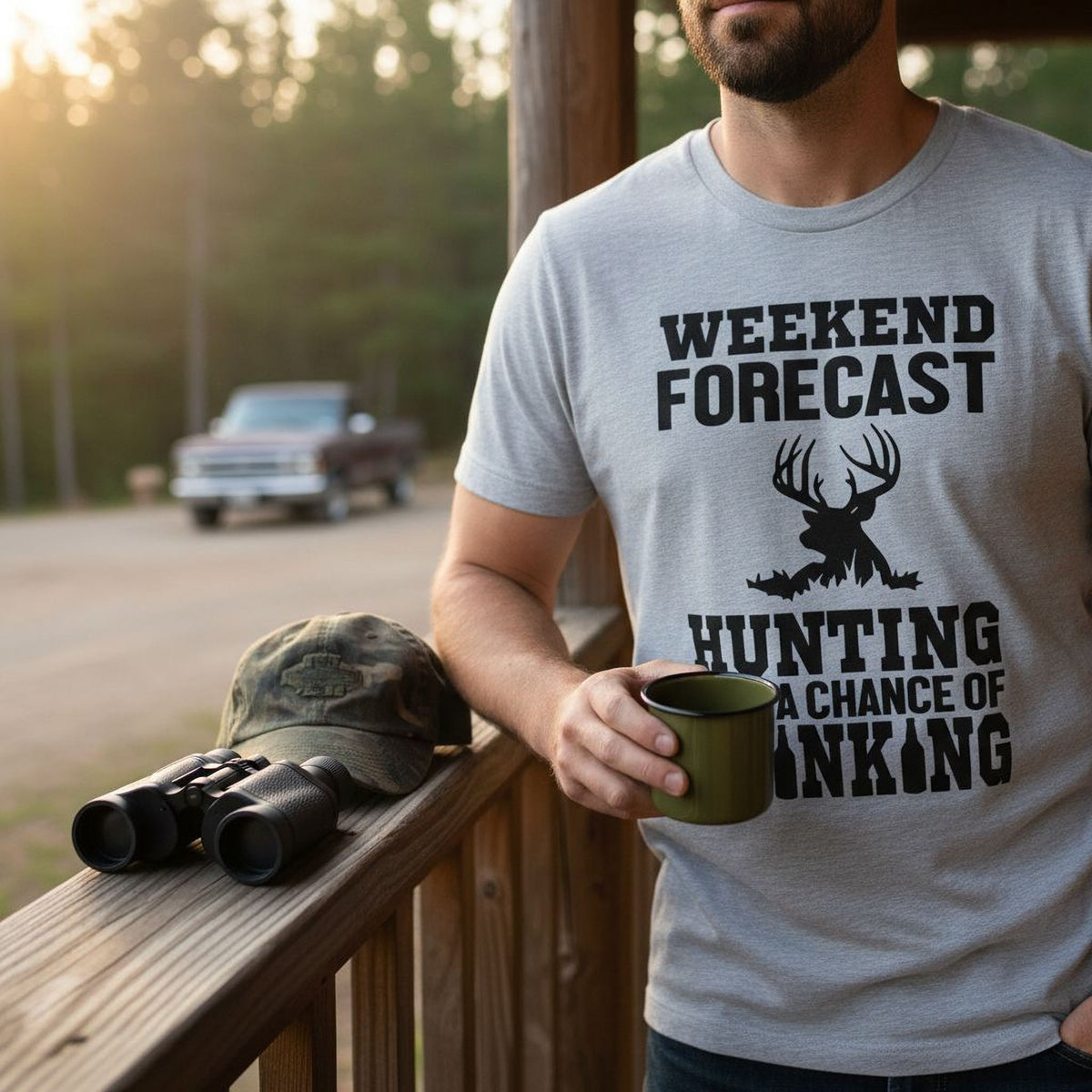 A man wearing a t-shirt with a humorous text and holding a cup of coffee stands on a porch, with a pair of binoculars and a camouflage hat nearby.