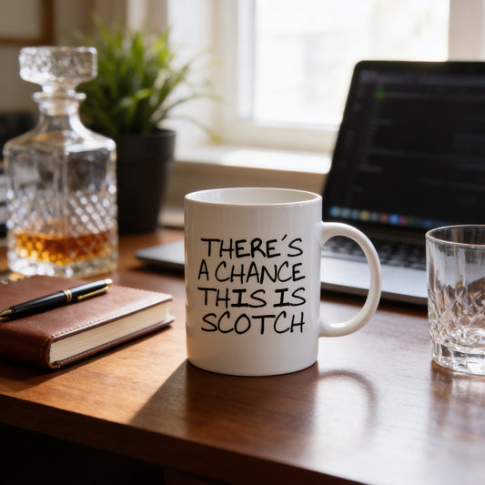a mug with the text "THERE'S A CHANCE THIS IS SCOTCH" printed on it, placed on a wooden desk next to a laptop, a glass of water, and a bottle of whiskey.
