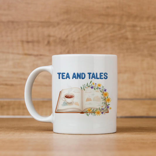 Tea and Tales Mug, Book Lover Gift, Tea Lover Coffee Cup, Reading Mug, Cozy Reader Gift, Literary Tea Cup
