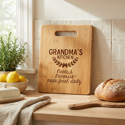A wooden cutting board with the text "GRANDMA'S KITCHEN" and "Treats & Memories made fresh daily" is displayed on a kitchen counter, accompanied by a loaf of bread, lemons, and a potted plant.