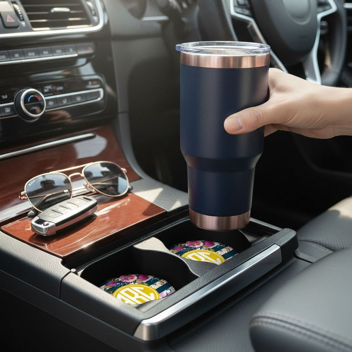 A person's hand is holding a blue thermos cup in the car's cup holder, with sunglasses and a key visible on the car's console.
