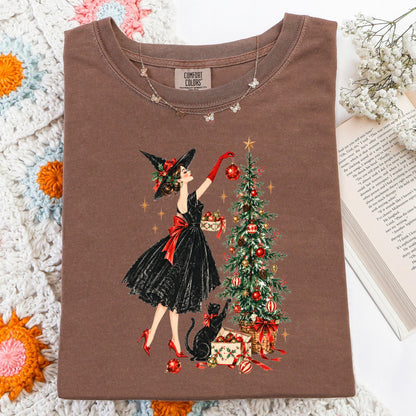 Vintage Christmas Witch Shirt, Elegant Witchy Christmas Tee for Her, Witch Decorating Tree with Black Cat, Retro Cottagecore Xmas Gift