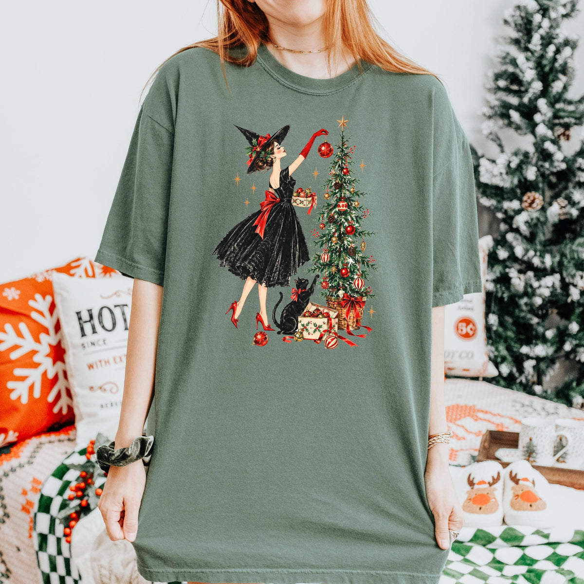 Vintage Christmas Witch Shirt, Elegant Witchy Christmas Tee for Her, Witch Decorating Tree with Black Cat, Retro Cottagecore Xmas Gift