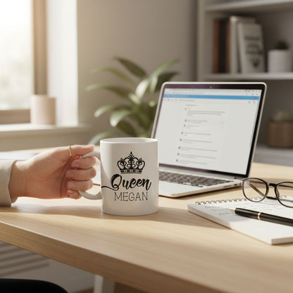 A person's hand holding a white mug with the text "Queen Megan" printed on it, placed on a wooden desk next to a laptop computer and a notebook.