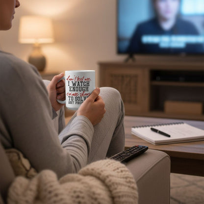 A person sitting on a couch, holding a mug with text on it, while watching television.