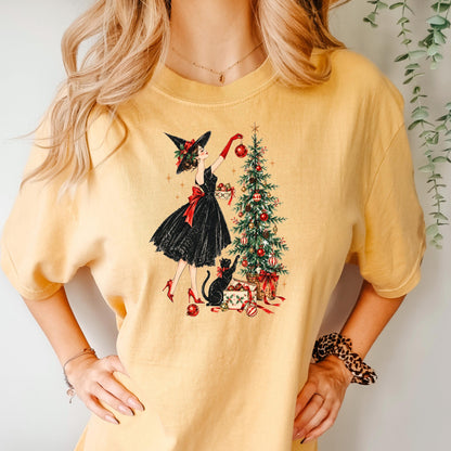 Vintage Christmas Witch Shirt, Elegant Witchy Christmas Tee for Her, Witch Decorating Tree with Black Cat, Retro Cottagecore Xmas Gift