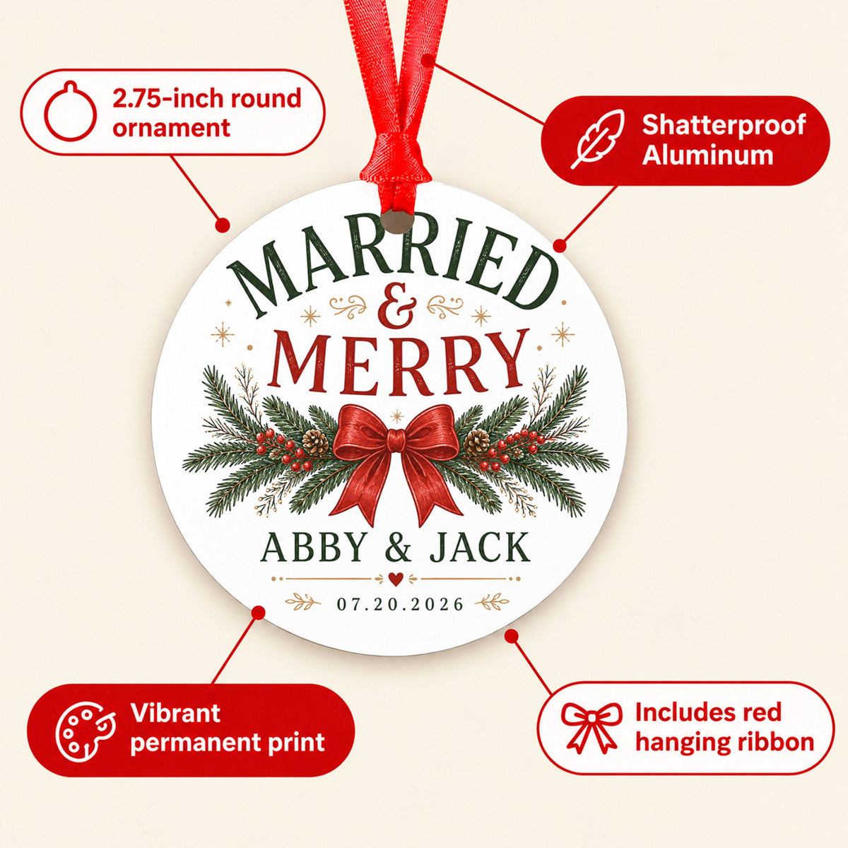 Married and Merry Ornament, Personalized First Christmas Married Keepsake, Newlywed Couples Ornament with Names & Date, Wedding Gift 2026