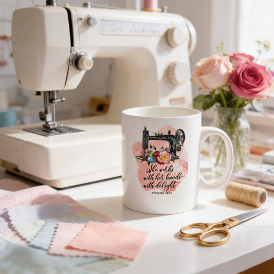 A sewing machine, a white mug with a floral design, and a vase of pink roses are arranged on a table, along with a pair of gold scissors and some fabric.