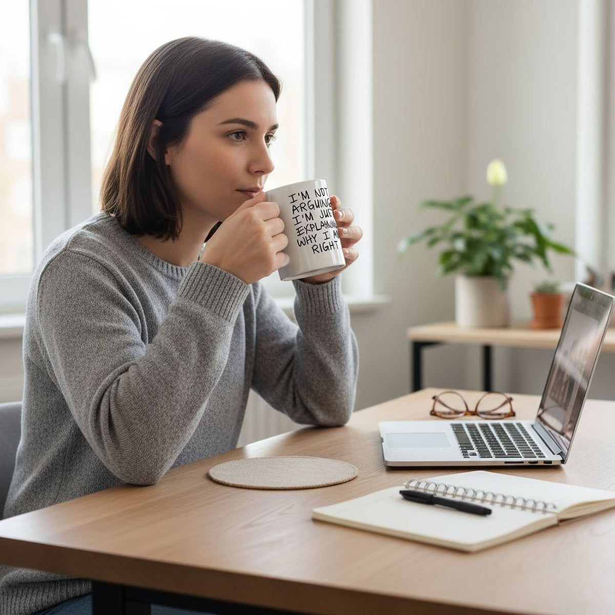 A woman is sitting at a desk, sipping from a mug and working on a laptop computer.