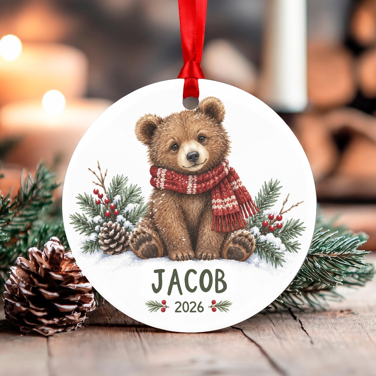 Personalized Bear Christmas Ornament, 2.75in Aluminum, Gift Boxed