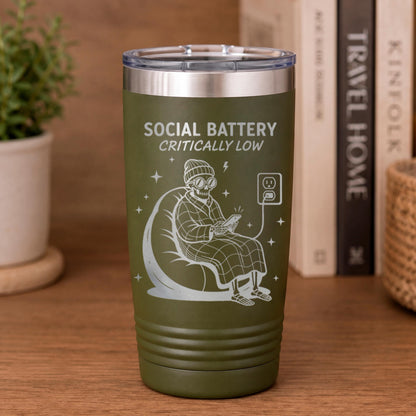 Introvert Tumbler 20oz, Social Battery Icon Drink Tumbler, Funny Tumbler Introvert Gift, Antisocial Introverted Reader Gift For Her