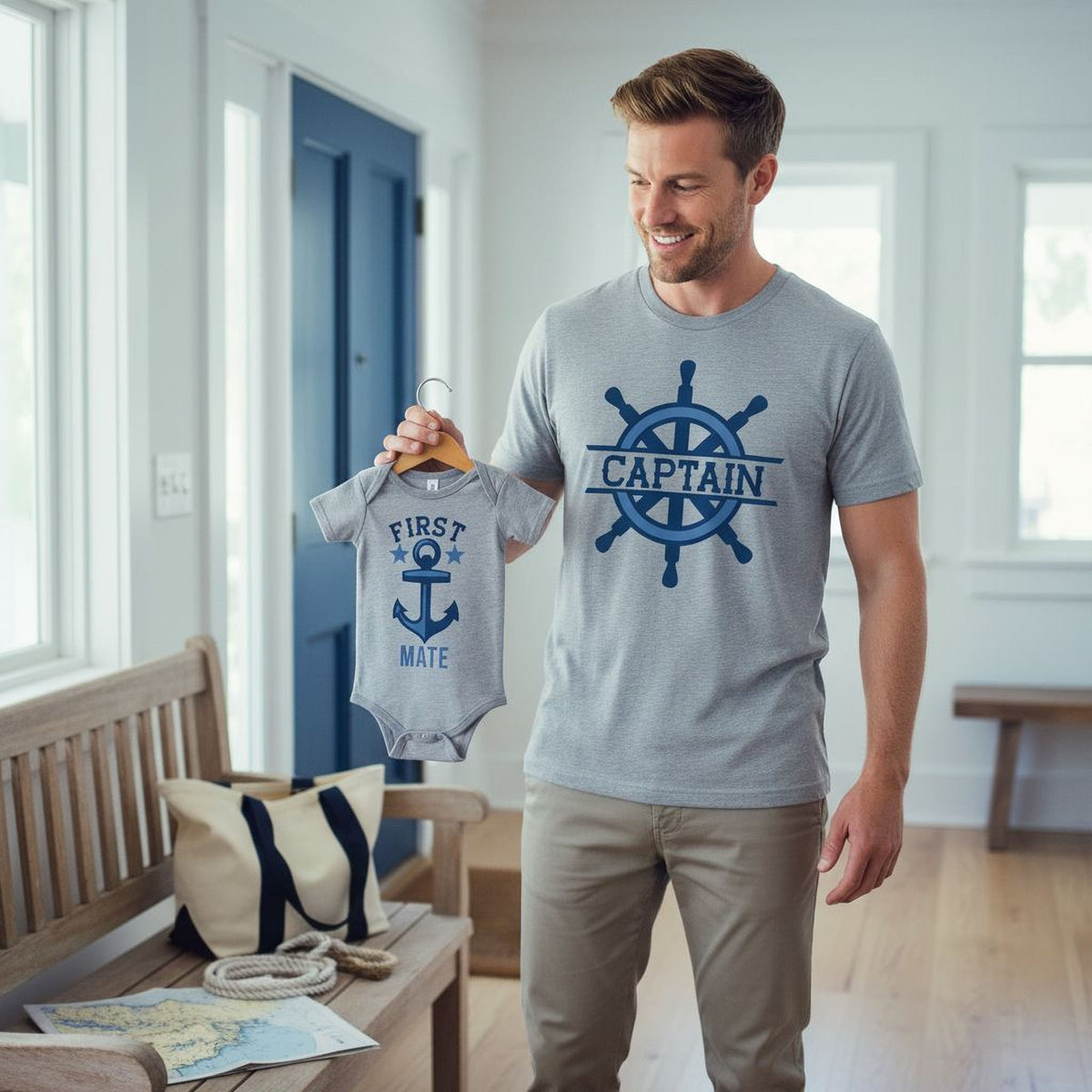 A man is holding a baby onesie with the text "FIRST MATE" and an anchor symbol, smiling as he displays the outfit.