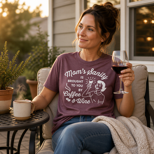 A woman wearing a purple t-shirt with a humorous text is sitting on a patio chair, holding a glass of red wine and enjoying a cup of coffee.