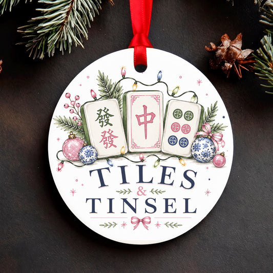 Mahjong Christmas Ornament, Tiles and Tinsel Holiday Decor, Mah Jongg Gift, Round Aluminum Tree Decoration, Game Lover Present