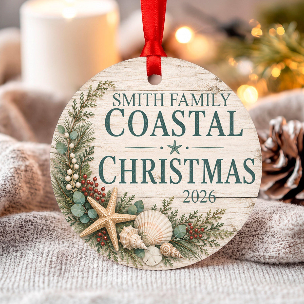 Personalized Coastal Christmas Ornament, Family Beach Christmas Keepsake with Name & Year, Nautical Seashell Ornament, Beach House Gift