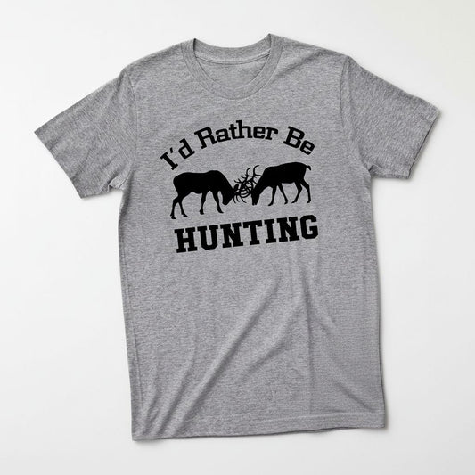 A gray t-shirt with a graphic design featuring two deer heads and the text "I'd Rather Be HUNTING" printed on it.