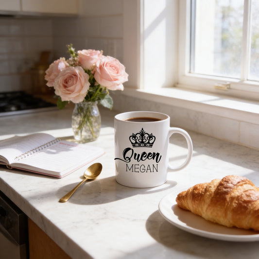 A white coffee mug with the text "Queen Megan" printed on it, a vase of pink roses, an open notebook, a gold spoon, and a plate of croissants on a kitchen counter.