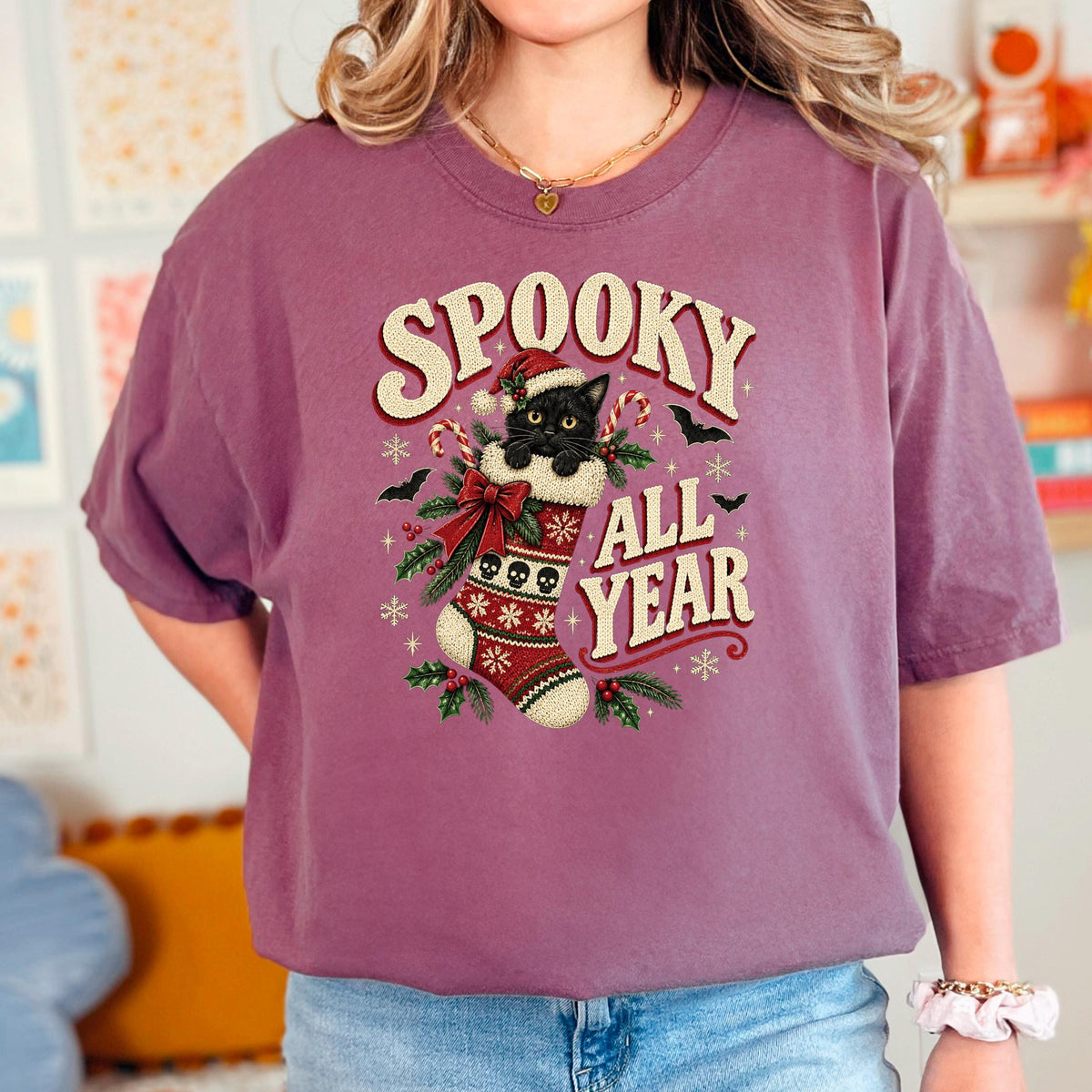 Spooky All Year Shirt, Black Cat Christmas Tee, Goth Christmas Shirt, Creepmas Spooky Christmas Cat Gift, Witchy Christmas Cat Lover Top