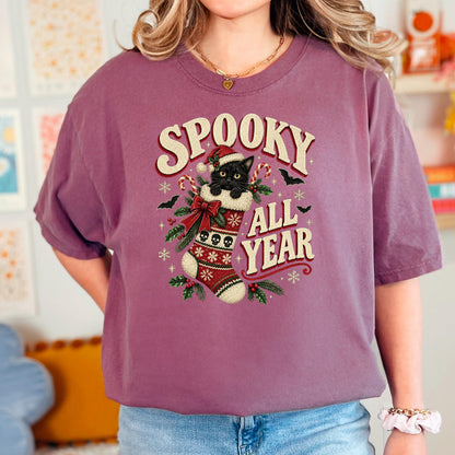 Spooky All Year Shirt, Black Cat Christmas Tee, Goth Christmas Shirt, Creepmas Spooky Christmas Cat Gift, Witchy Christmas Cat Lover Top