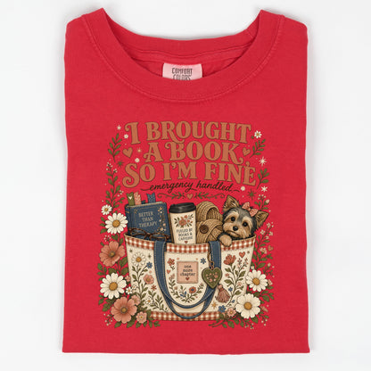 I Brought A Book So Im Fine Shirt, Funny Introvert Book Lover Tee, Books And Caffeine Reading Gift, Better Than Therapy Bookworm Dog Top