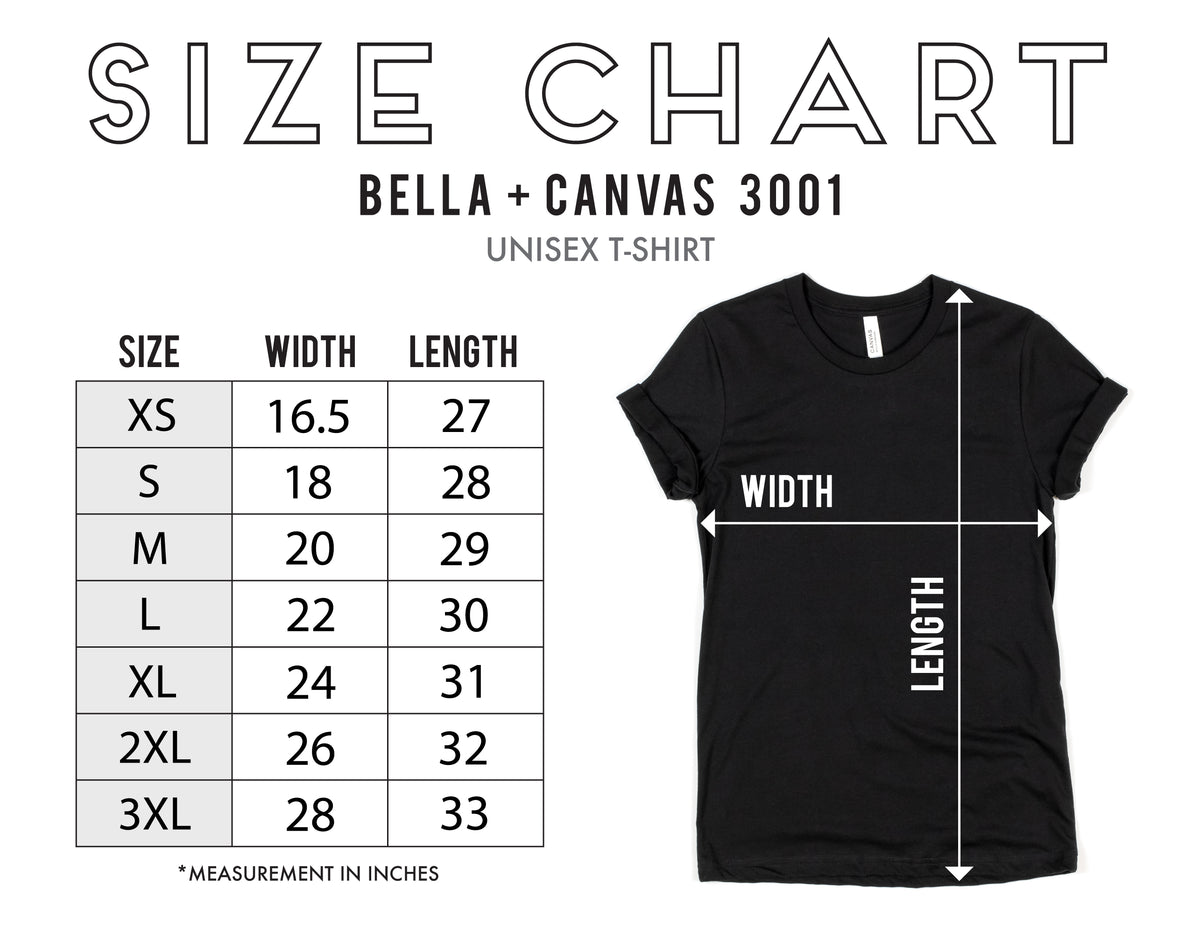 The image is a size chart for a black t-shirt, providing measurements for different sizes such as XS, S, M, L, XL, and 3XL. The chart includes a table with the corresponding width and length measurements for each size.