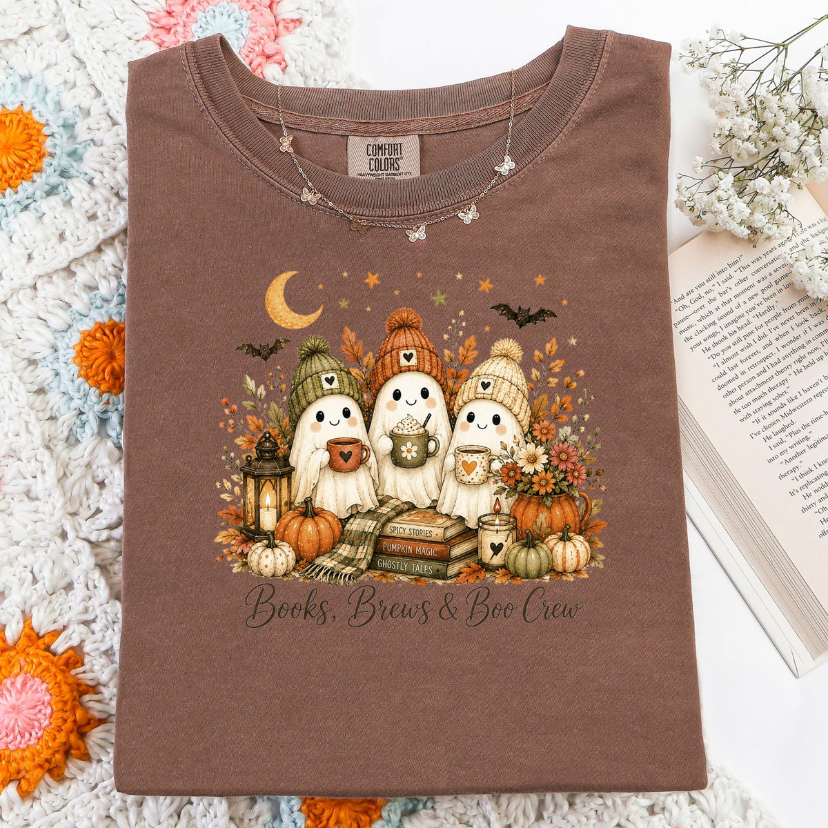 Bookish Fall Shirt, Spooky Coffee Book Lover Tee, Unisex Berry