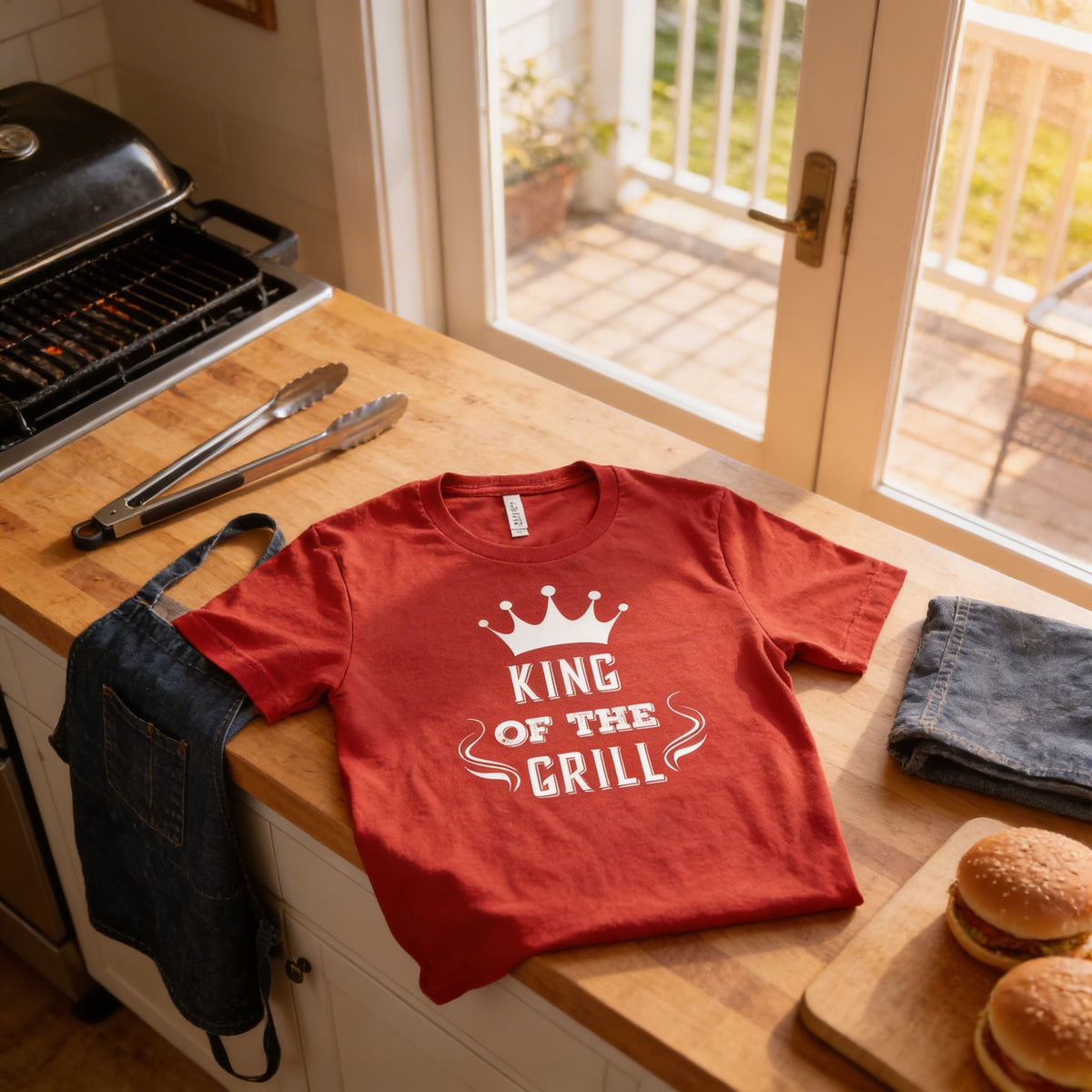 a red t-shirt with the text "KING OF THE GRILL" printed on it, along with a pair of tongs and a pair of jeans on a kitchen counter.