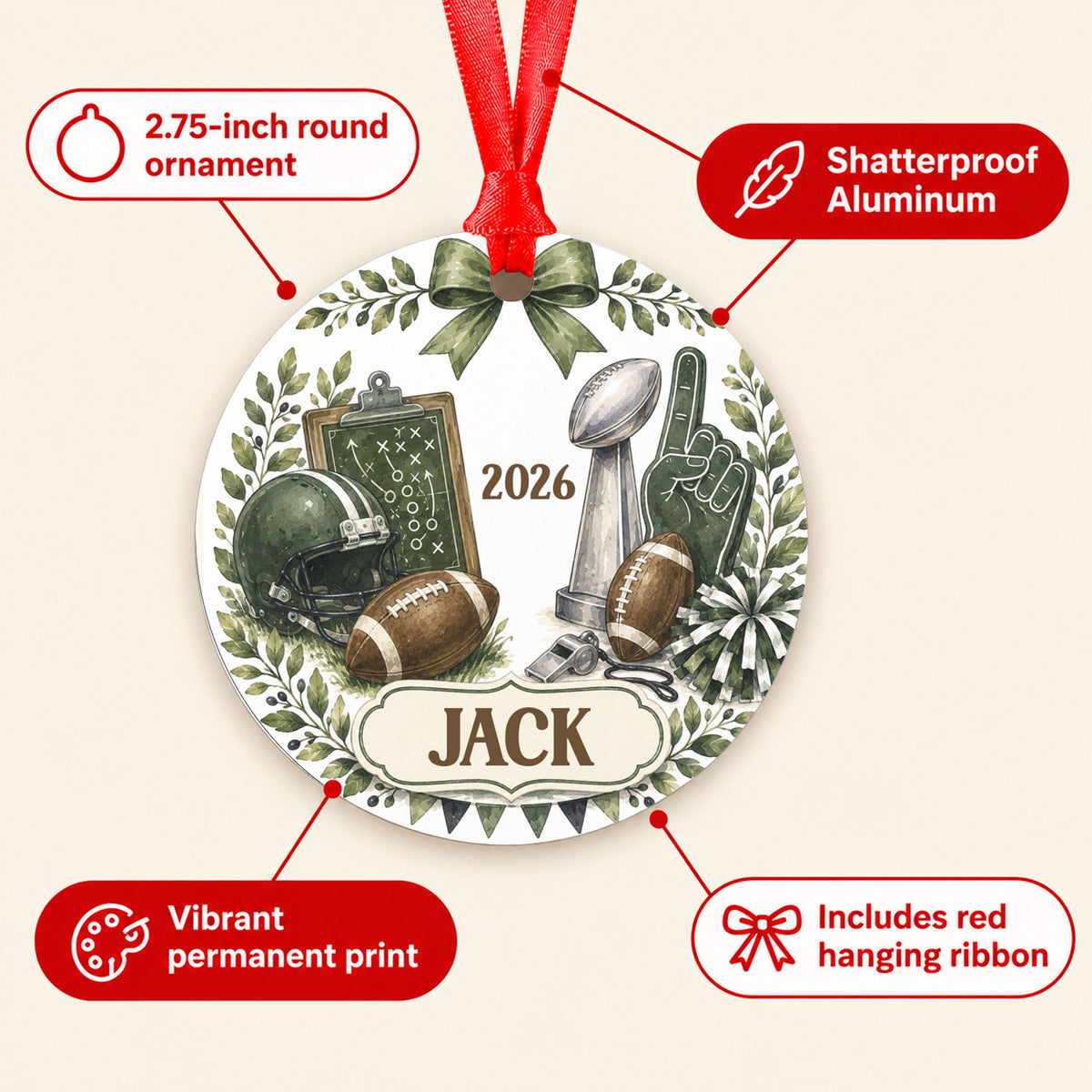 Personalized Football Ornament, Custom Name Christmas Tree Decor, Sports Fan Gift, Aluminum Round, Kid Pet Friendly