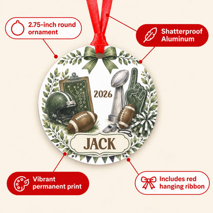 Personalized Football Ornament, Custom Name Christmas Tree Decor, Sports Fan Gift, Aluminum Round, Kid Pet Friendly