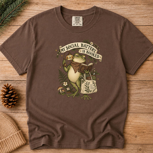 My Social Battery Is Booked Shirt, Cottagecore Frog Book Lover Tee, Funny Introvert Reading Shirt, Bookish Frog Gift, Cute Frog Reader Top
