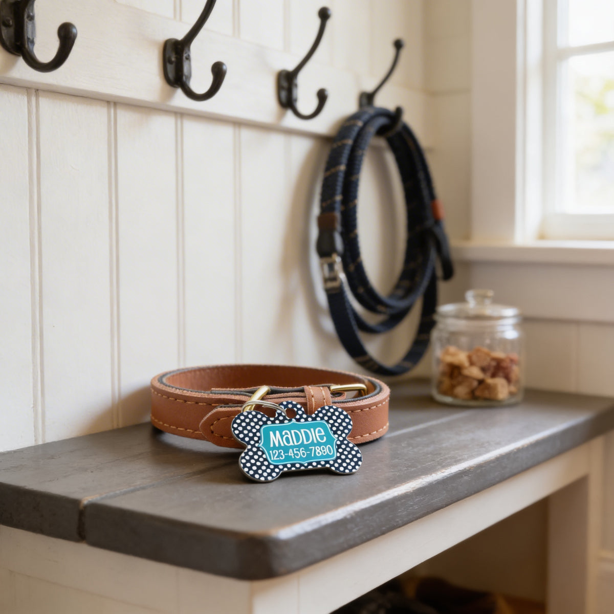 A brown leather dog collar with a blue and white checkered bone-shaped tag, a black leash, and a glass jar of dog treats are displayed on a wooden shelf.