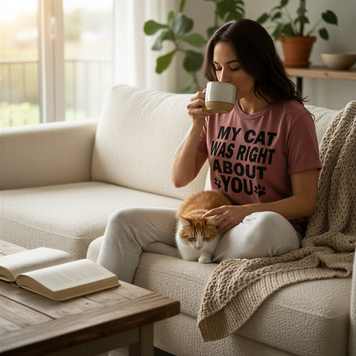 A woman sits on a couch, sipping a drink and petting a cat, with a book and plants in the background.