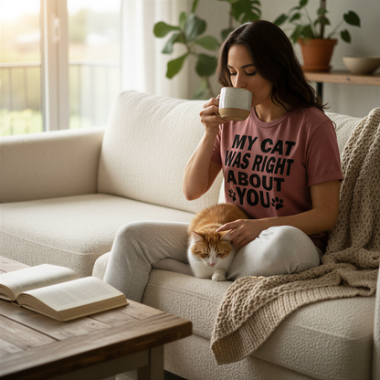 A woman sits on a couch, sipping a drink and petting a cat, with a book and plants in the background.