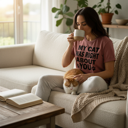 A woman sits on a couch, sipping a drink and petting a cat, with a book and plants in the background.