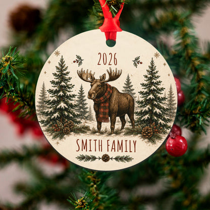 Personalized Moose Family Christmas Ornament 2026, Custom Name Holiday Decor, Rustic Winter Animal Tree Decoration, Gift Box
