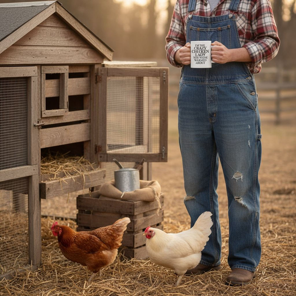 A person in overalls stands next to a wooden chicken coop, holding a coffee mug, with two chickens nearby.