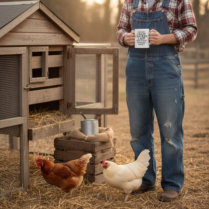 A person in overalls stands next to a wooden chicken coop, holding a coffee mug, with two chickens nearby.
