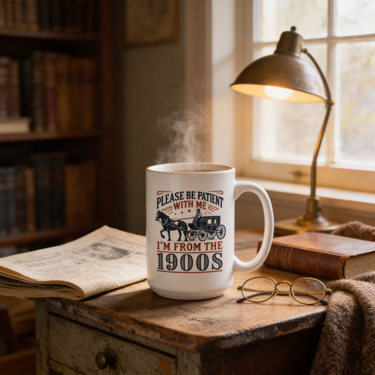 A mug with a humorous text printed on it, placed on a wooden table next to a lamp and a newspaper.