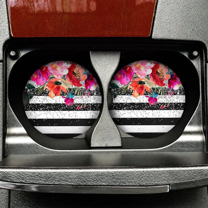 Floral Watercolor Car Coaster - Black White Stripe Sandstone Car Coaster - Rose Silver Glitter