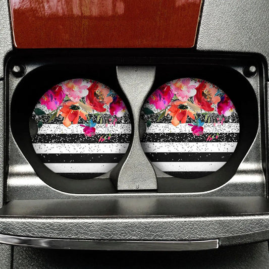 Floral Watercolor Car Coaster - Black White Stripe Sandstone Car Coaster - Rose Silver Glitter