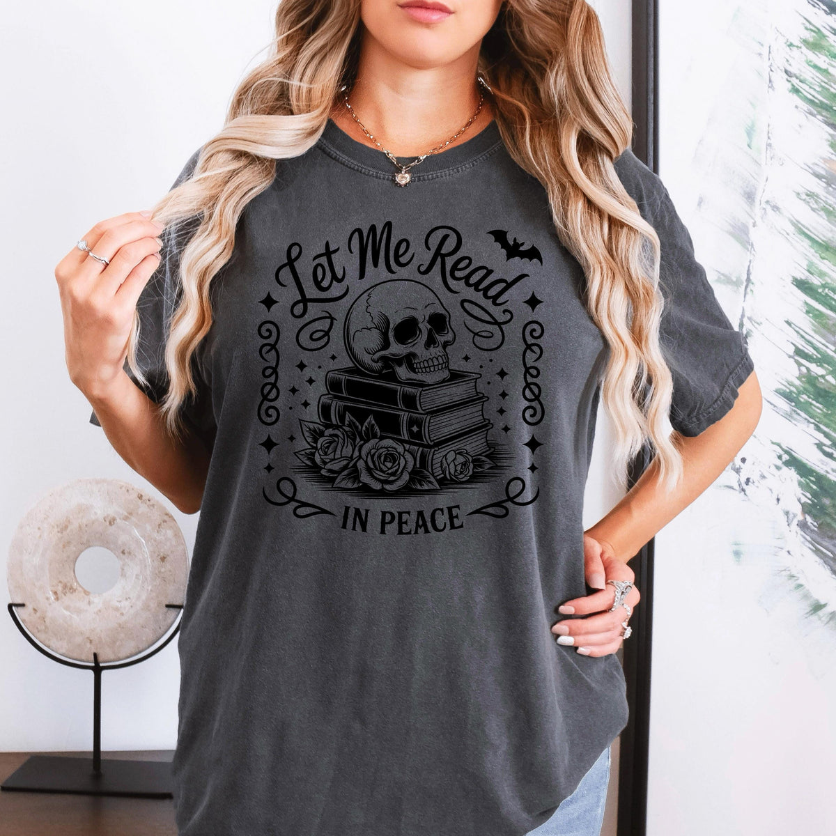 Goth Book Lover Shirt, Let Me Read In Peace Skull Book Tee Unisex