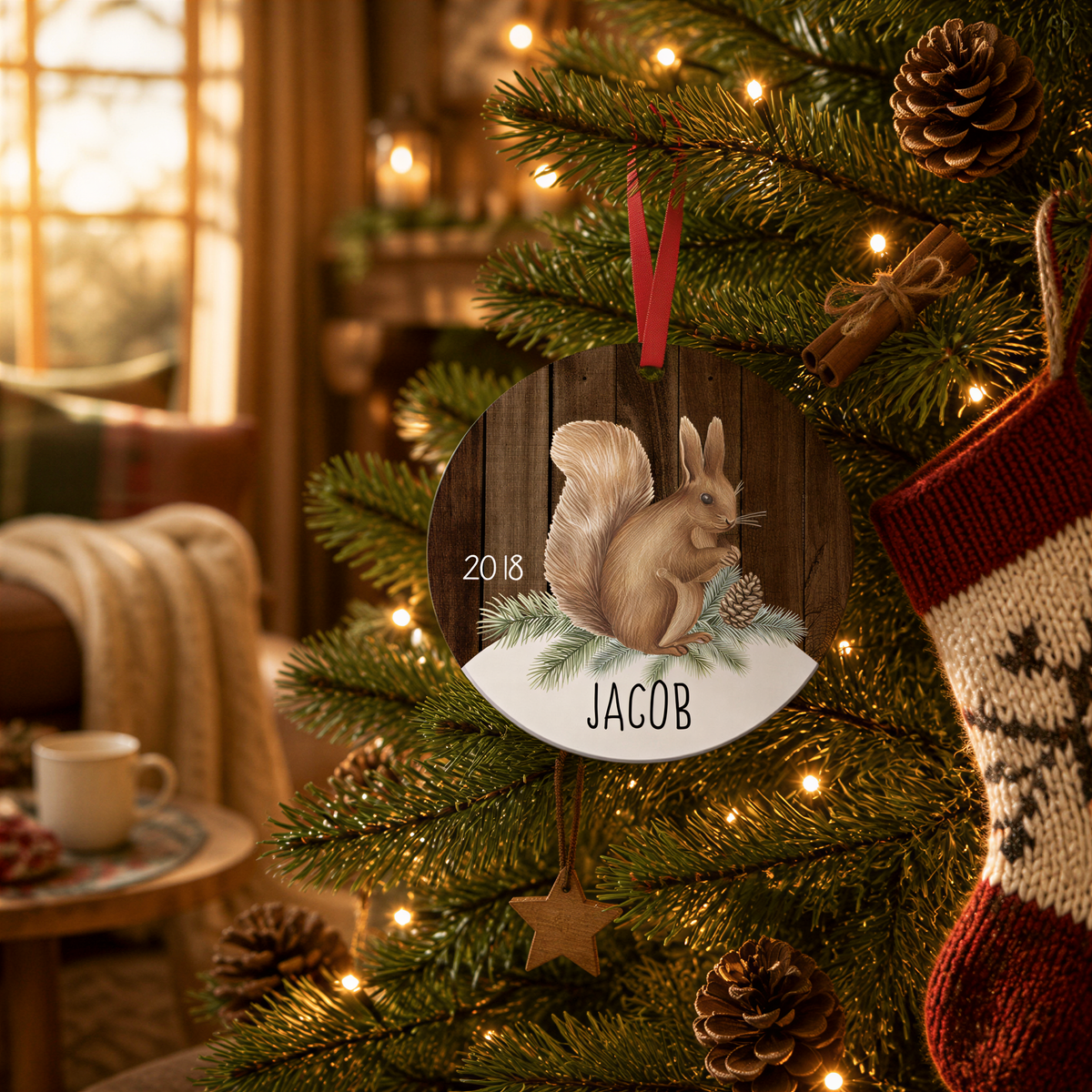 A Christmas tree decorated with ornaments, including a wooden ornament with a squirrel and the name "Jacob" on it.